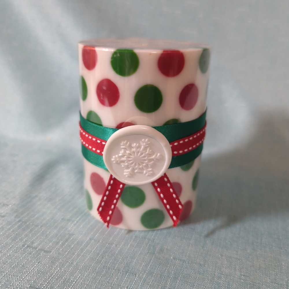 Pier One Single Wick Pillar Candle 3x4” Peppermint Party Red White gre polka dot